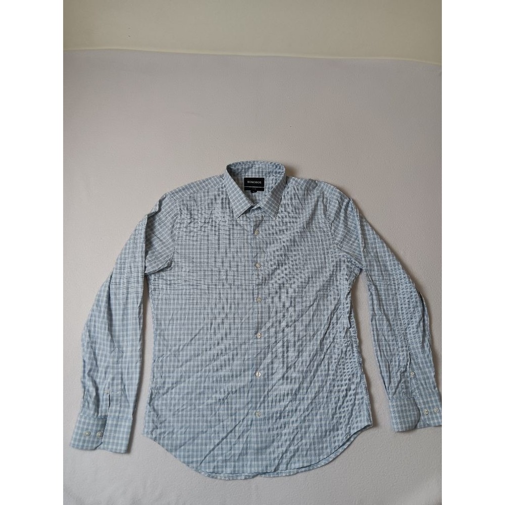 Bonobos Slim Fit Mens L Blue White Plaid Long Sleeve Button Up Dress Shirt